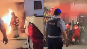 Composición de dos imágenes. Izquierda: figura borrosa entre llamas y humo. Derecha: agentes con uniformes de emergencia, uno con chaleco "Serenazgo Lima"
