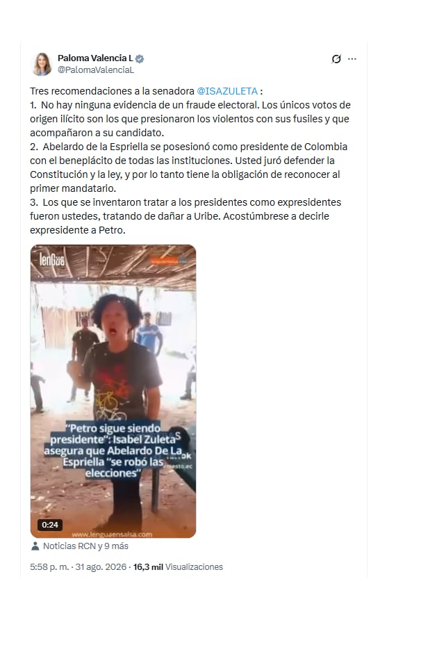 A través de su perfil de X, la senadora Paloma Valencia lanzó dardos a la congresista Isabel Zuleta, que insistió en que el expresidente Gustavo Petro sigue siendo el mandatario de los colombianos - crédito @petrogustavo/X