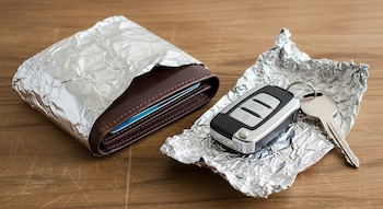 Una billetera marrón y un juego de llaves de automóvil, que incluye un mando a distancia y una llave metálica, envueltos en papel de aluminio sobre una mesa de madera.