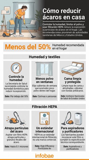 Infografía con una ilustración de una persona usando una aspiradora, íconos de medidor de humedad, ventana y cama, y secciones con texto.