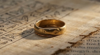 Un anillo de oro antiguo y desgastado descansa sobre un papiro envejecido con textos y símbolos egipcios y romanos.