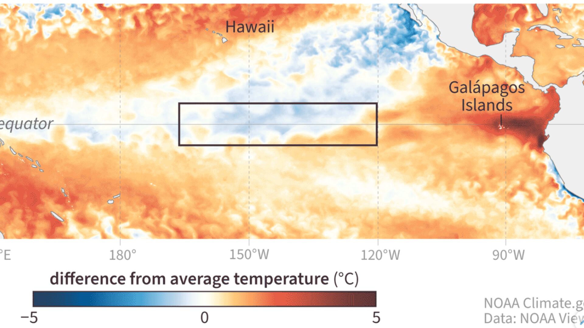 Temperatura del océano Pacífico central en la primera semana de abril. (NOAA)