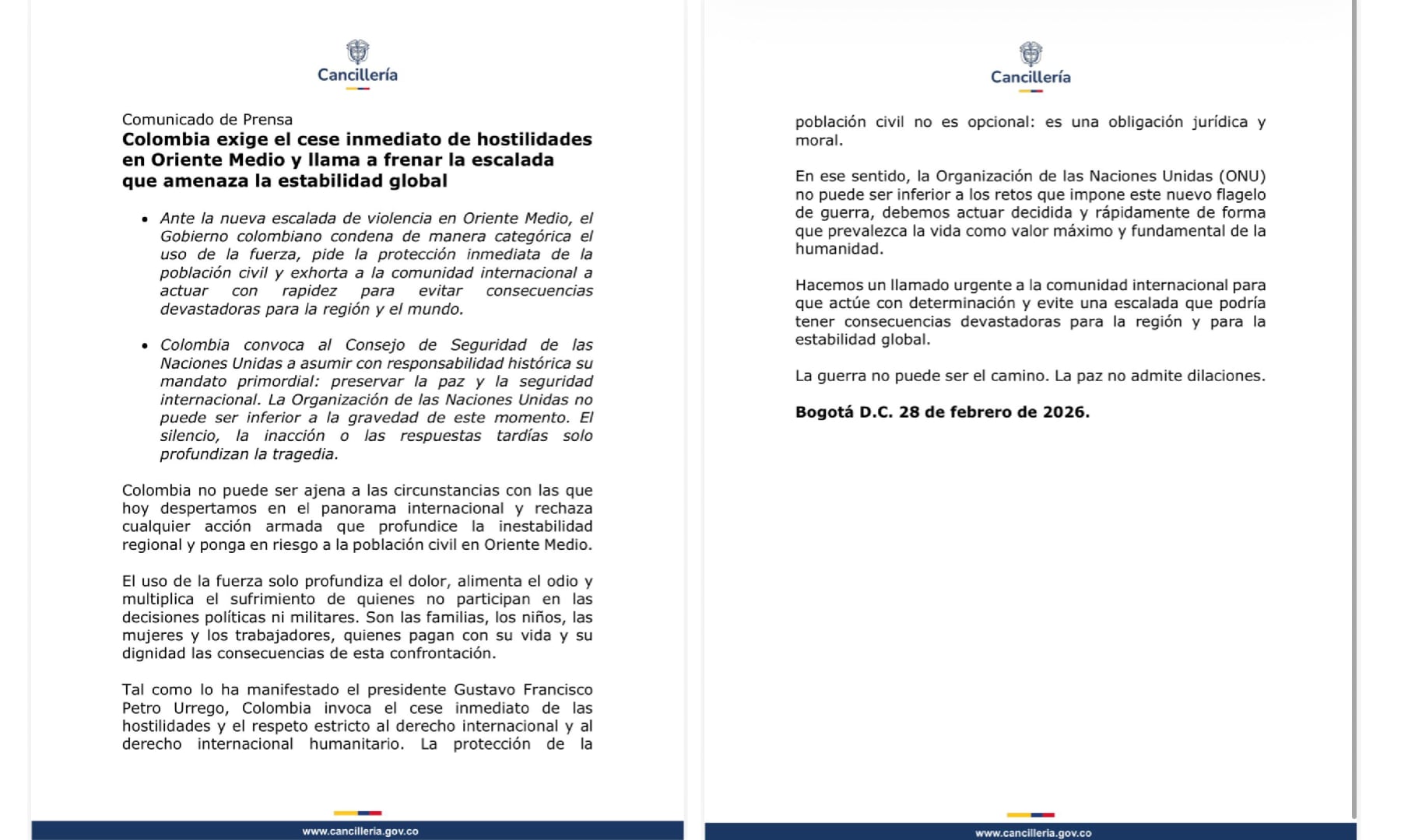 La Cancillería Colombia pidió el cese de hostilidades en Oriente Medio - crédito @CancilleriaCol/X