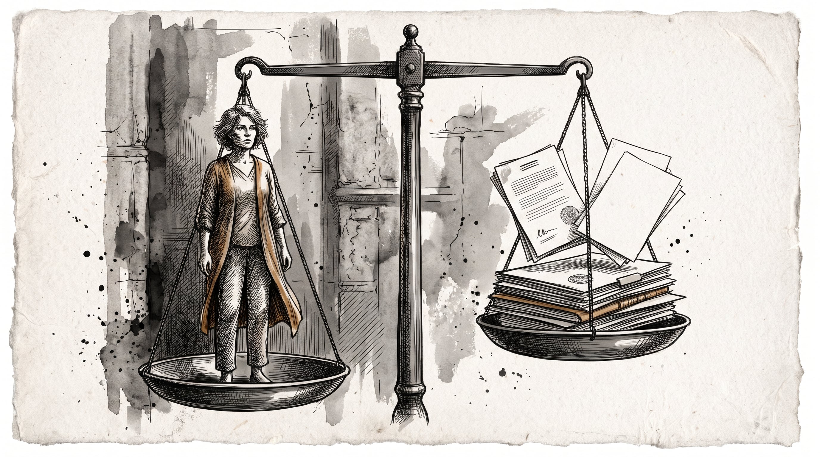Una balanza de dos platos equilibra la figura de una mujer frente a una pila de documentos y expedientes judiciales. (Imagen Ilustrativa Infobae)