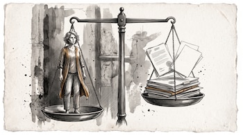 Dibujo de una balanza con una mujer de pie en el platillo izquierdo y varios documentos judiciales en el derecho.