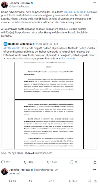 Jennifer Pedraza rechaza retrocesos en laicidad estatal tras posesión presidencial - crédito @JenniferPedraz/X