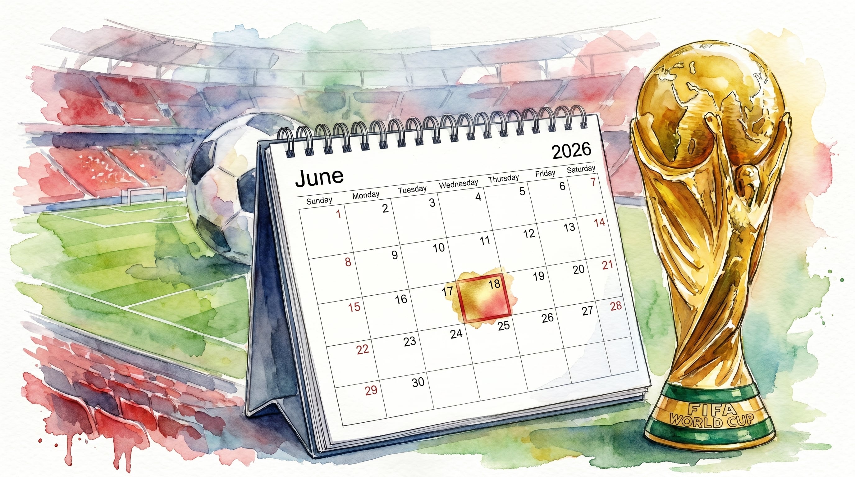 Una ilustración de acuarela muestra el calendario de junio de 2026 con el día 18 resaltado, junto a la Copa Mundial de la FIFA y un balón de fútbol en el fondo de un estadio. (Imagen Ilustrativa Infobae)