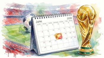 Ilustración acuarela de un calendario de junio de 2026 con el día 18 resaltado. La Copa Mundial de la FIFA y un balón de fútbol se ven frente a un estadio.
