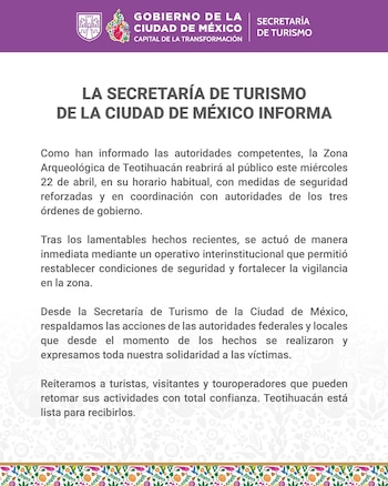 El acceso a la Pirámide de la Luna permanece cerrado hasta nuevo aviso, en señal de reforzamiento preventivo tras los hechos de violencia. | (Crédito: X@turismocdmx)