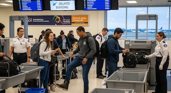 En un aeropuerto, jóvenes viajeros y agentes de la TSA en un control de seguridad. Se ven maletas, cintas transportadoras, detectores de metales y aviones afuera.