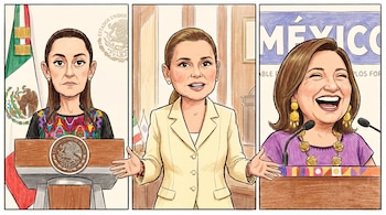 Caricatura en tres paneles mostrando de izquierda a derecha a Claudia Sheinbaum, Xóchitl Gálvez y Mariana Rodríguez Cantú, cada una en un podio.