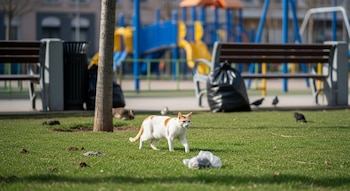 Un gato blanco y naranja camina sobre césped verde en un parque. Al fondo, bancos, botes de basura y juegos infantiles. Se ven aves, roedores y bolsas de basura.