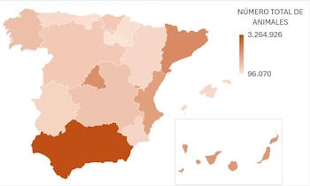 Mapa que mostra a distribuição do gado em Espanha por comunidade autónoma.