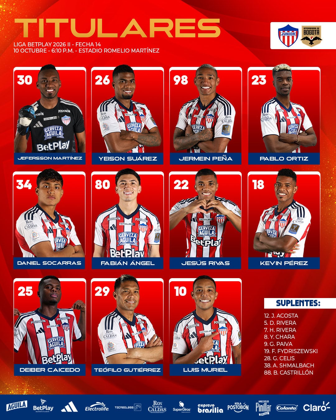 Alineación del Junior para el encuentro contra el Internacional de Bogotá en el Romelio Martínez - crédito Junior FC