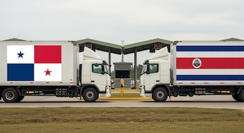 Dos camiones blancos llevan las banderas de Panamá y Costa Rica. Se muestran frente a frente con una garita y vegetación de fondo.