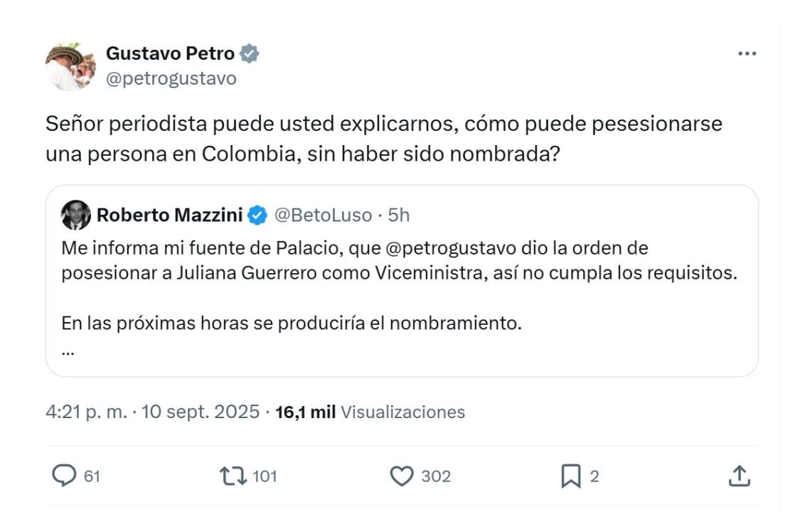 Con este mensaje, el presidente Gustavo Petro habló de lo que era la llegada de Juliana Guerrero al Viceministerio de Igualdad - crédito @petrogustavo/X