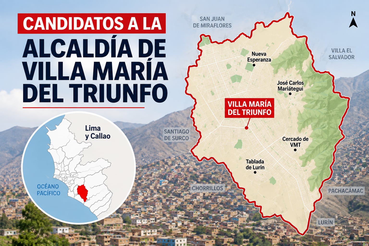 Un mapa presenta la ubicación del distrito de Villa María del Triunfo en Lima en el marco de las elecciones municipales de 2026 en Perú. (Imagen Ilustrativa Infobae)