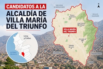 Un mapa del distrito de Villa María del Triunfo con sus sectores, un plano de Lima y el texto sobre candidatos a la alcaldía
