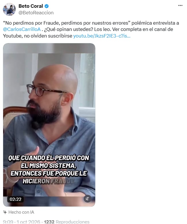 Carlos Carrillo descartó atribuir la derrota de la izquierda a un fraude electoral - crédito @BetoReaccion/X