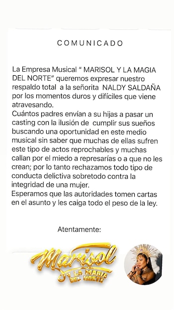 Un comunicado de Marisol y La Magia del Norte en un fondo blanco, con el logo de la orquesta y una foto de Marisol, la cantante principal