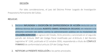 Texto sobre fondo blanco de una resolución judicial que declara infundada una excepción deducida por la defensa de Alberto Beingolea Delgado