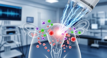 Representación de útero, ovarios y trompas de Falopio recibiendo pulsos eléctricos de un dispositivo médico. Hay células, partículas y sala borrosa de fondo.