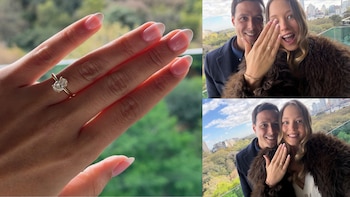 Una mano con un anillo de diamante en primer plano y dos fotos de una pareja sonriendo en un balcón con la ciudad de fondo
