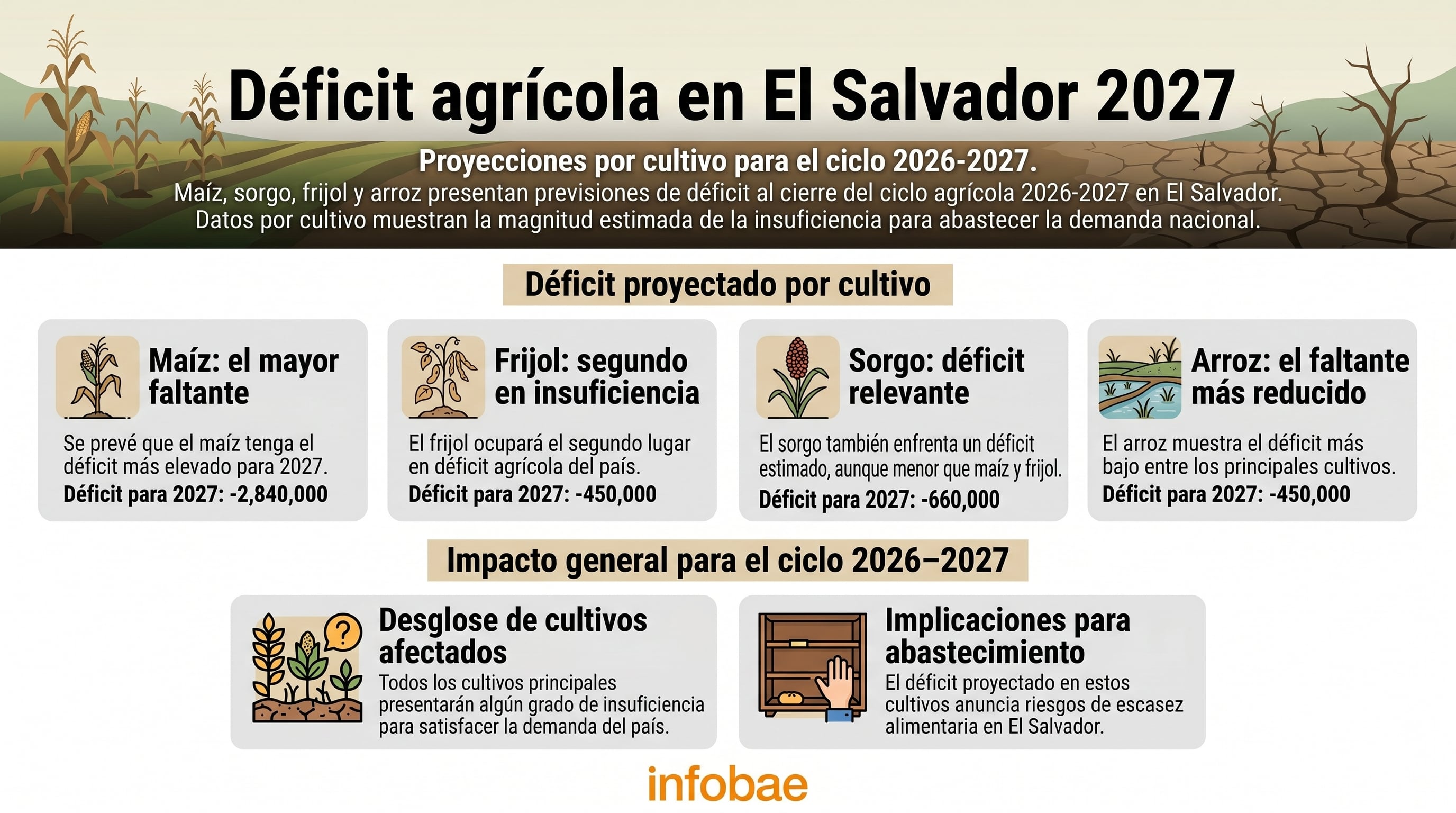 CAMPO estima que la producción nacional de cereales no cubrirá la demanda, generando mayor dependencia de importaciones de alimentos en El Salvador. (Imagen Ilustrativa Infobae)