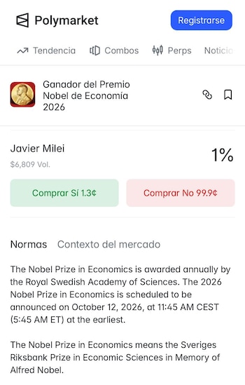 Captura de pantalla de la interfaz de Polymarket con la opción de Javier Milei para el Premio Nobel de Economía de 2026 y la cifra del 1%