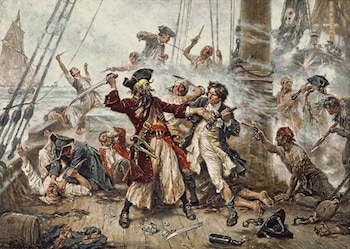 Pintura: Batalla pirata en la cubierta de un barco. Hombres armados con espadas y pistolas se enfrentan. Hay figuras caídas y un mástil visible