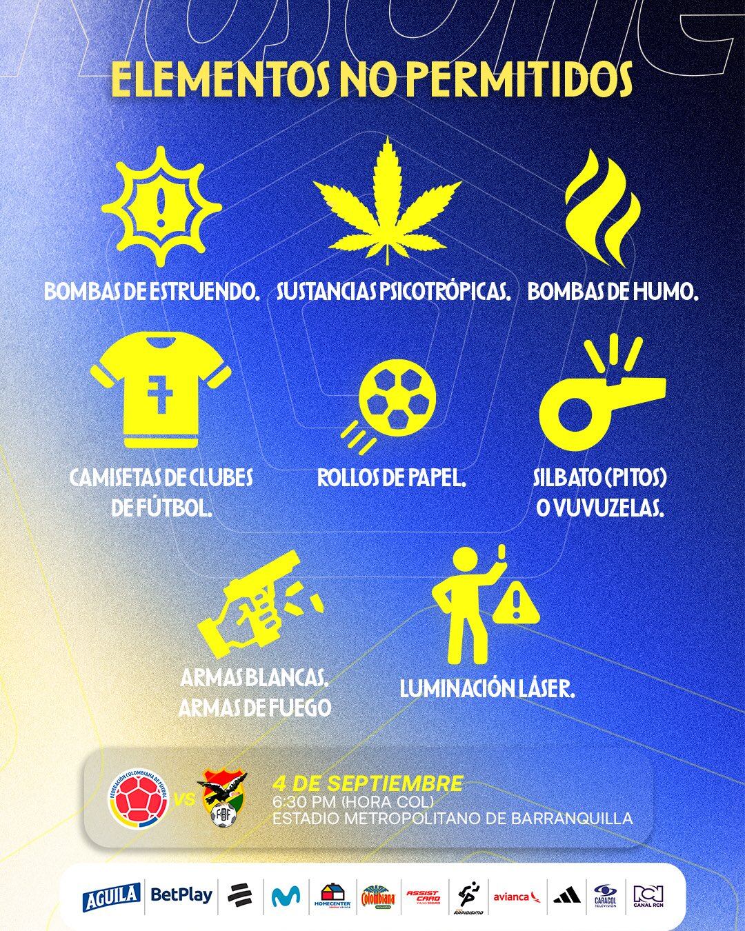 Estos son algunos de los elementos prohibidos a la entrada del estadio Metropolitano- crédito @FCFSeleccionCol/X