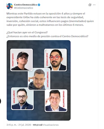 El partido Centro Democrático señaló a cinco personas de ser "influencers pagos (mermelados)" que, supuestamente, maltrataron al partido - crédito @CeDemocratico/X