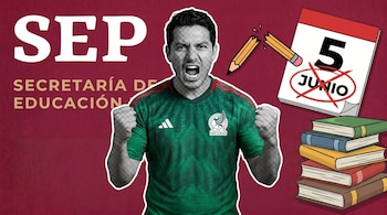 Ilustración de un hombre con camiseta de México gritando, con el logo de la SEP, un lápiz roto, un calendario tachado con "5 JUNIO" y una pila de libros.