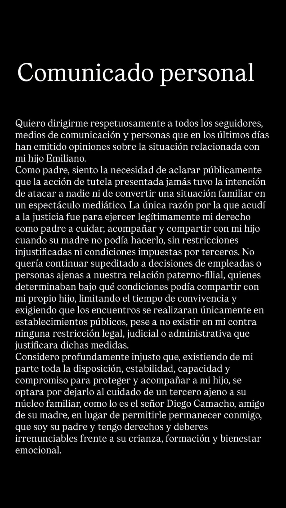 En su mensaje, Tejada afirma que su intención no fue crear un escándalo mediático, sino ejercer su derecho como padre - crédito @elreydelosagropecuarios/ Instagram
