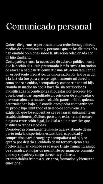 En su mensaje, Tejada afirma que su intención no fue crear un escándalo mediático, sino ejercer su derecho como padre - crédito @elreydelosagropecuarios/ Instagram