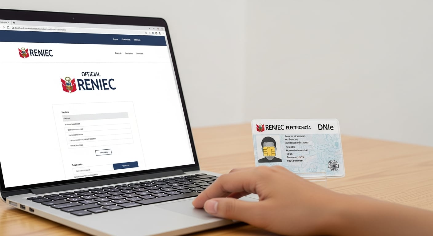 Un DNI electrónico peruano y una laptop mostrando la web de RENIEC ilustran la facilidad de realizar trámites digitales desde la comodidad del hogar. (Imagen Ilustrativa Infobae)