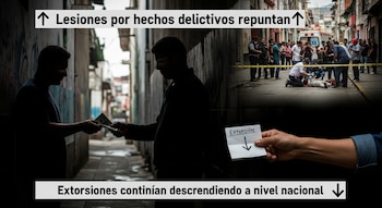 Una composición muestra una transacción de dinero en un callejón oscuro y paramédicos asistiendo a una persona herida en una calle con una ambulancia.