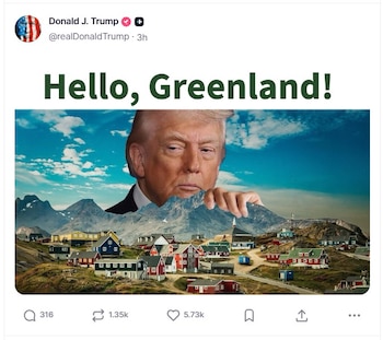 Imagen difundida en la cuenta en la red Truth Social @realDonaldTrump del presidente de EE.UU., Donald Trump, donde volvió a mostrar su interés en Groenlandia al compartir un mensaje con una fotografía suya sobre la isla con la frase, "Hello, Greenland" (EFE/@realDonaldTrump)
