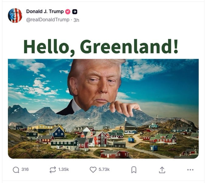 Imagen difundida en la cuenta en la red Truth Social @realDonaldTrump del presidente de EE.UU., Donald Trump, donde volvió a mostrar su interés en Groenlandia al compartir un mensaje con una fotografía suya sobre la isla con la frase,