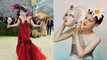 Imagen dividida: a la izquierda, una persona con vestido rojo y tocado de plumas en un evento, sostiene una máscara; a la derecha, una mujer con flor en el pelo y máscara