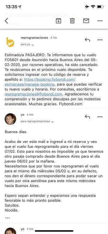 Mail de la cancelación que