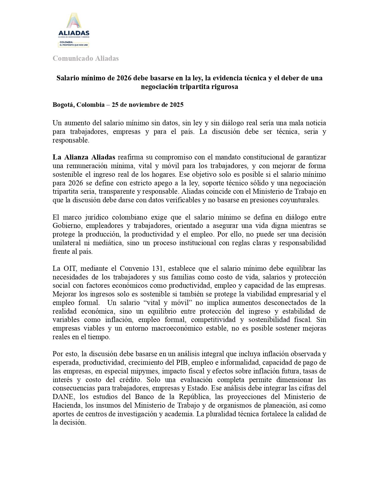 Aliadas dice que el aumento del salario mínimo de 2026 debe basarse en la ley, la evidencia técnica y el deber de una negociación tripartita rigurosa - crédito Aliadas