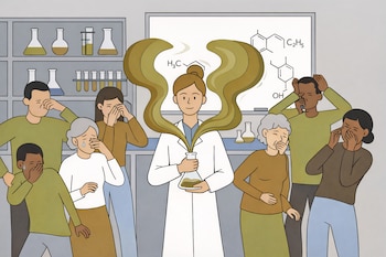 Una científica en un laboratorio sostiene un matraz que emana un olor. Seis personas a su alrededor cubren sus narices o tienen expresiones de malestar.