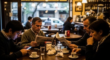 Cuatro personas sentadas en una mesa de madera de un bar. Un joven mira el celular, dos hombres leen periódicos y una mujer mira hacia el frente.