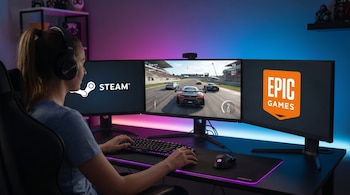 Una mujer de espaldas con auriculares juega un videojuego de carreras en un setup de PC con tres monitores retroiluminados en morado y azul.