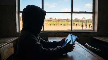 Silueta de una persona con capucha frente a una ventana sosteniendo una tableta sobre un escritorio de madera en un aula con vista al patio.