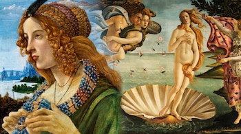 Composición de obras de Botticelli: un primer plano de una mujer de cabello rojizo a la izquierda y el nacimiento de Venus con figuras aladas a la derecha.