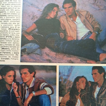 Tres fotografías de una mujer y un hombre posando con ropa casual en un recorte de revista con texto impreso