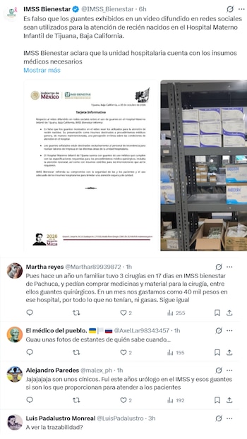 Captura de pantalla de un mensaje en redes sociales con un comunicado oficial, estantes con cajas de guantes y varios comentarios de usuarios