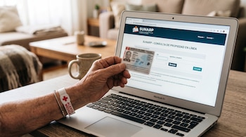 Mano de una persona mayor con pulsera médica sosteniendo un documento de identidad peruano ante una computadora portátil con la web de Sunarp.